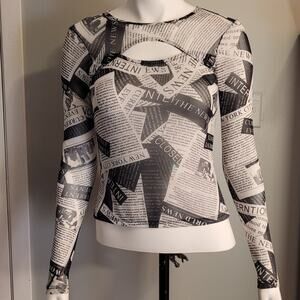 Womens Sheer Newspaper Print Cutout Blouse Small Edgy Editorial Steampunk Unique
